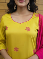Satin Resham Embroidered Kurta with Trousers & Dupatta