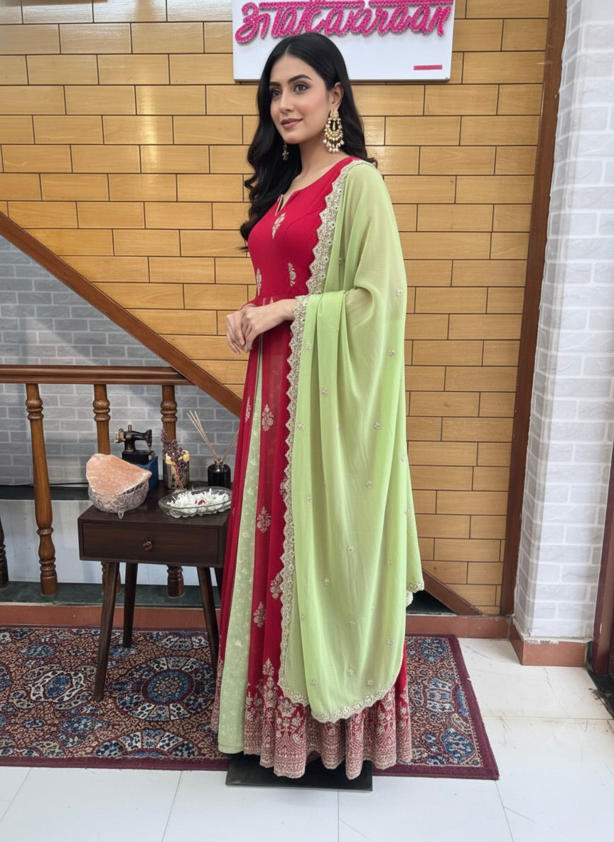 Embellished Georgette Anarkali Jacket & Banarasi Skirt Set