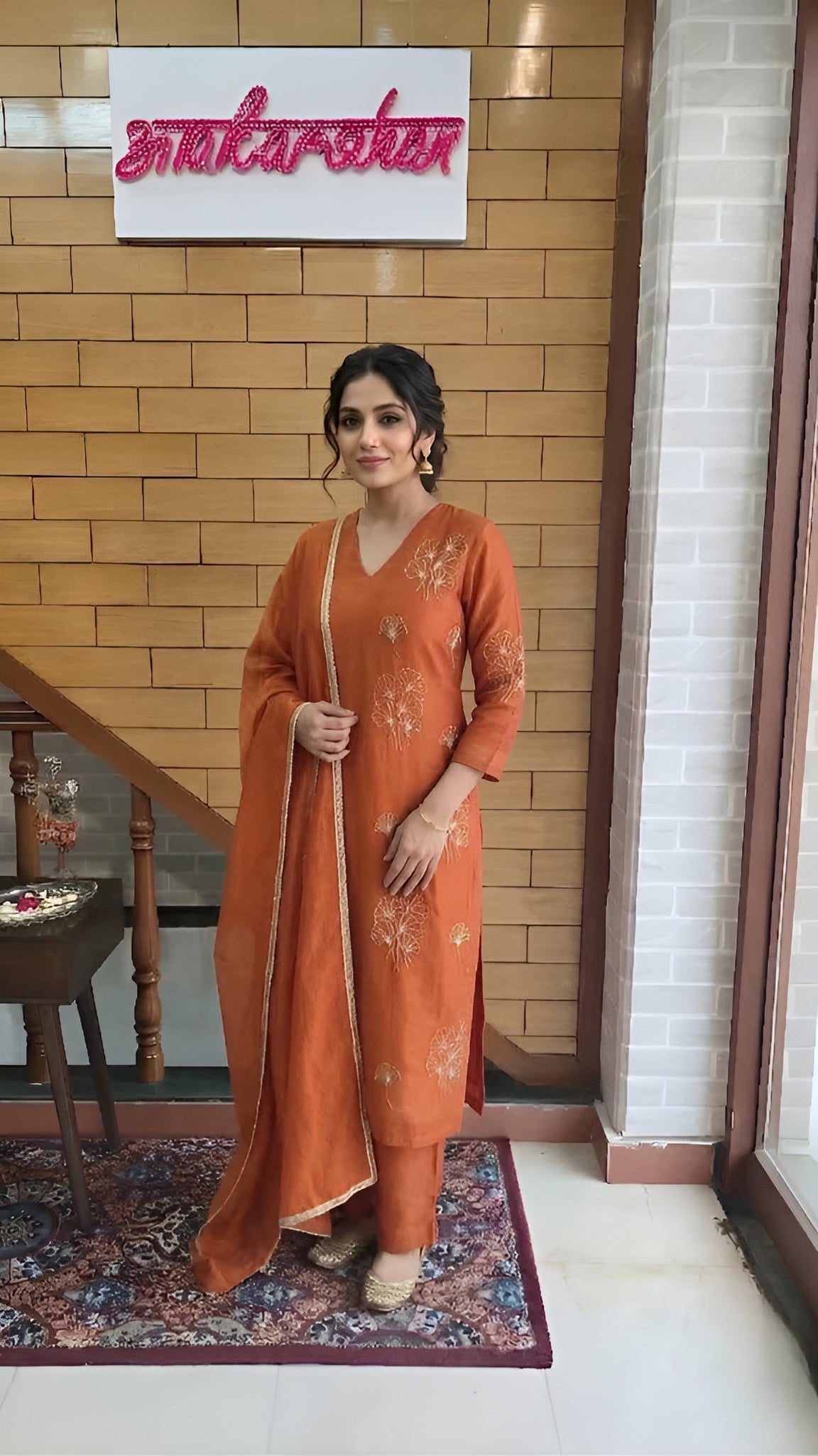 Rust Zari Embroidered Cotton Chanderi Suit