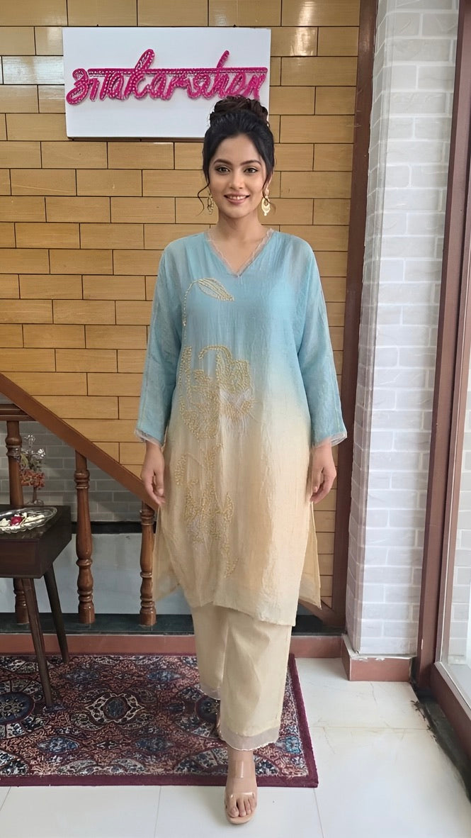 Sky Blue Ombre Resham Embroidered Malmal Suit