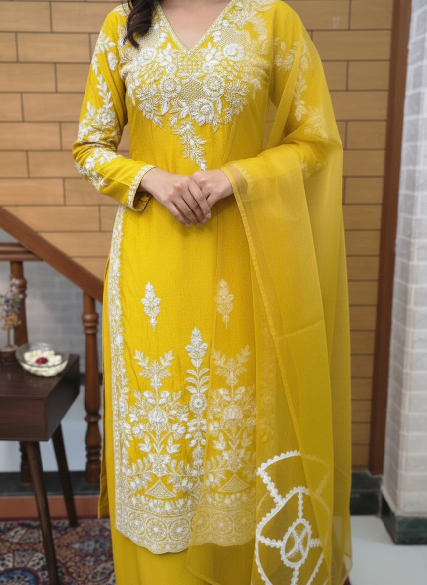 Yellow Embroidered Kurta Set with Dupatta