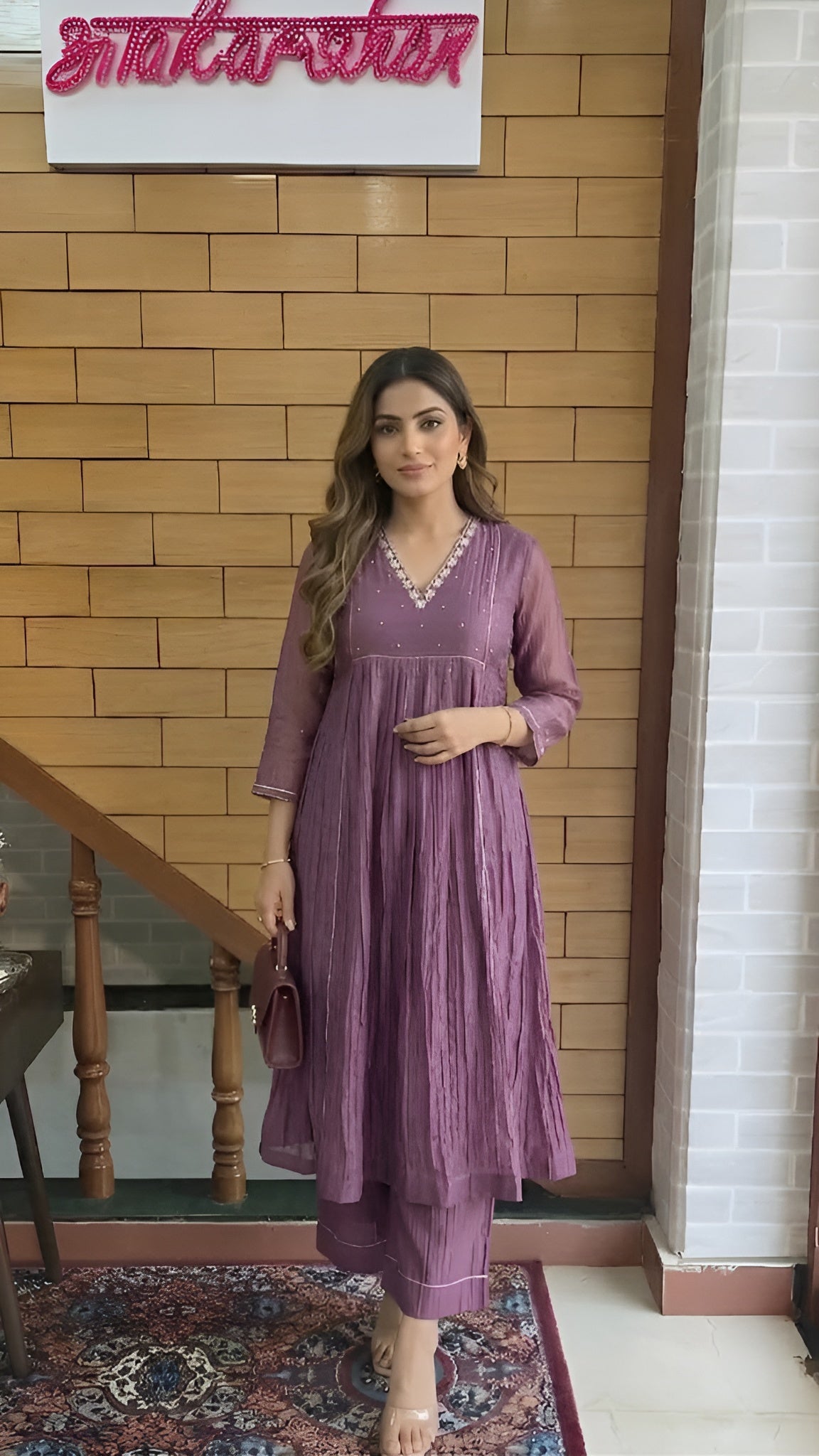 Purple Mirror Work Malmal Anarkali Suit