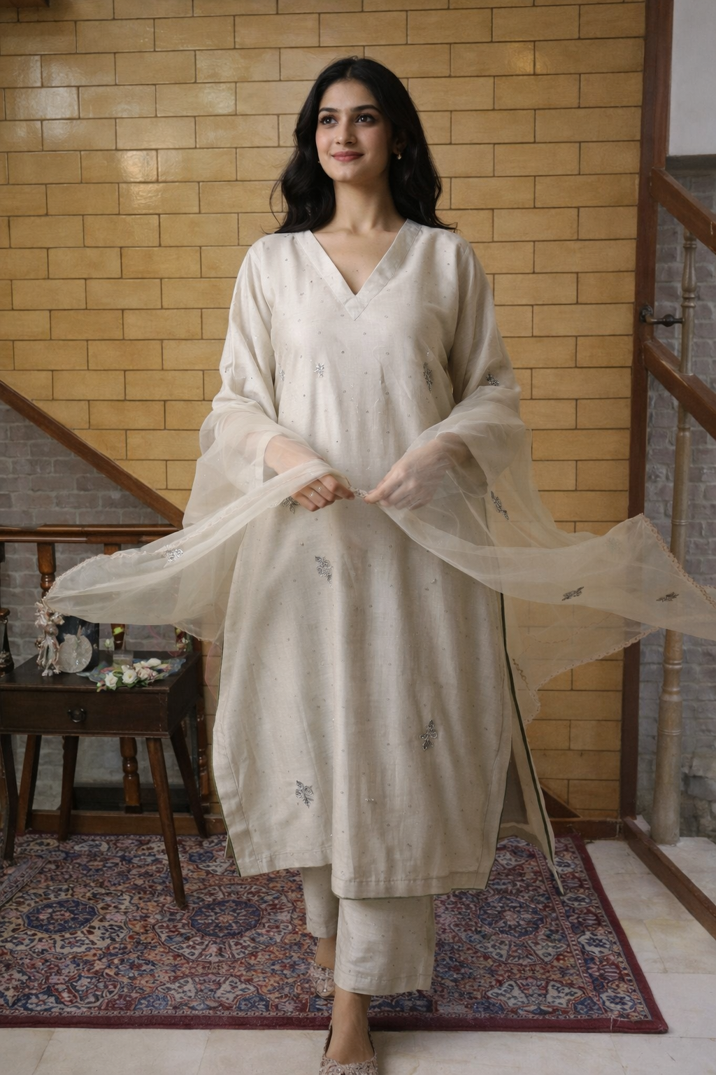 Soft Beige Embroidered Traditional Kurta Set