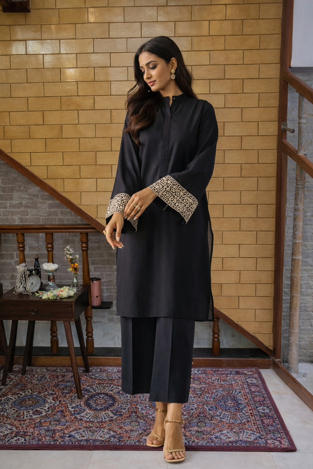 Modern Black Twin Set with Contrast Patterned Sleeves