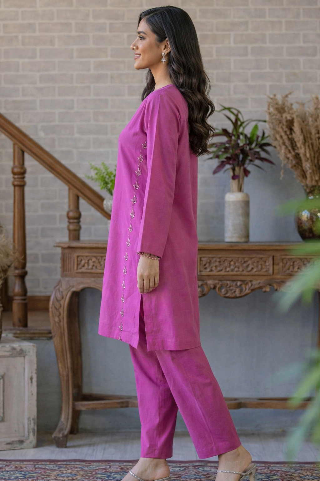 Bold Pink Straight Kurta with Side Detailing