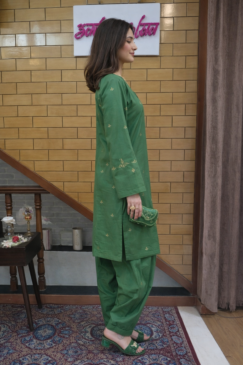 Emerald Green Minimal Embroidered Kurta Set