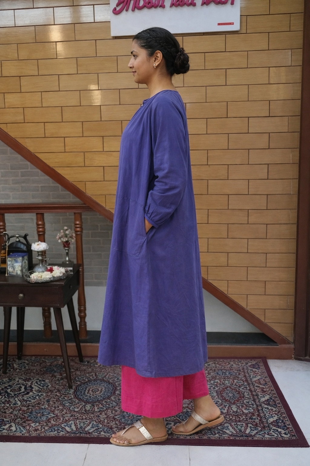 Indigo Button-Down Kurta with Pink Wide-Leg Pants Cord Set
