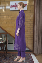 Royal Purple Embroidered Long Kurta Set with Lace Sleeves