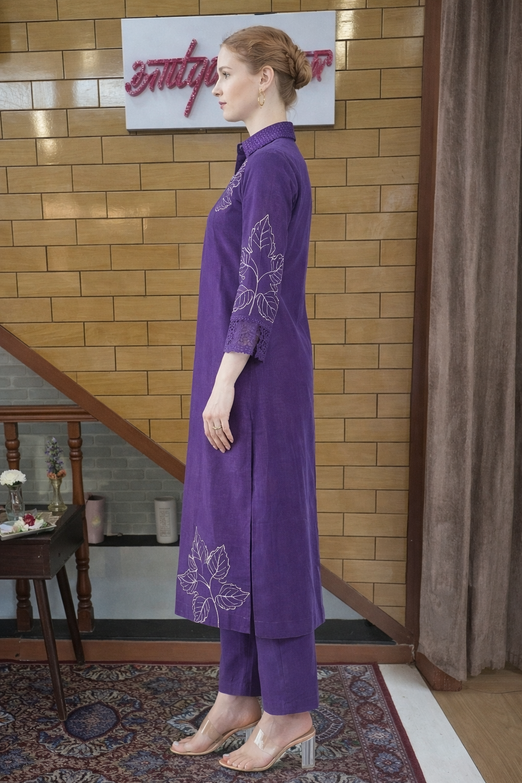 Royal Purple Embroidered Long Kurta Set with Lace Sleeves