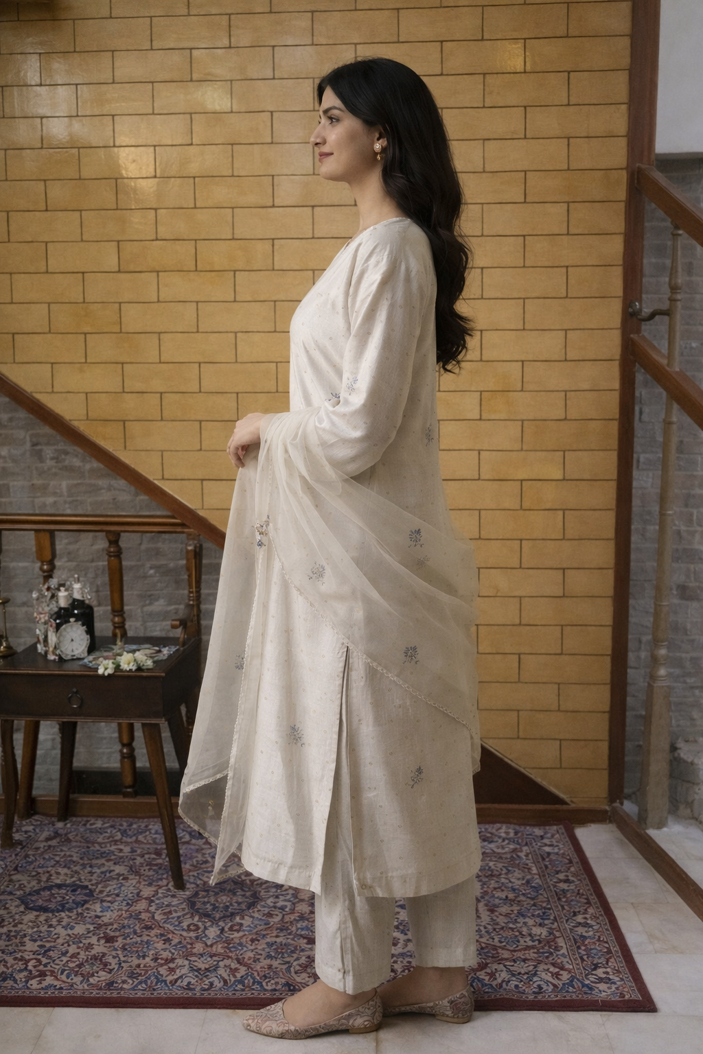 Soft Beige Embroidered Traditional Kurta Set