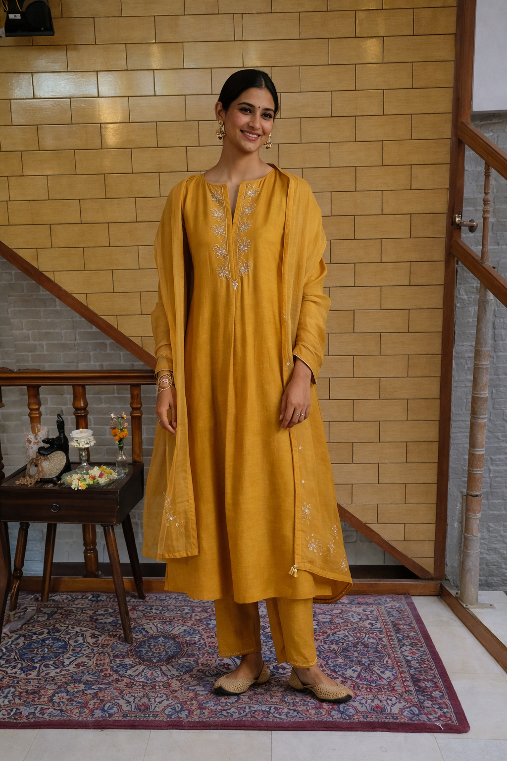 Golden Mustard Ethnic Wear Set with Delicate Thread Work