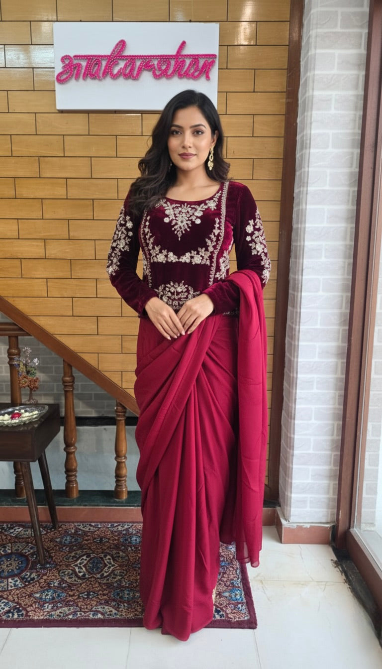 Maroon Velvet Blouse with Saree