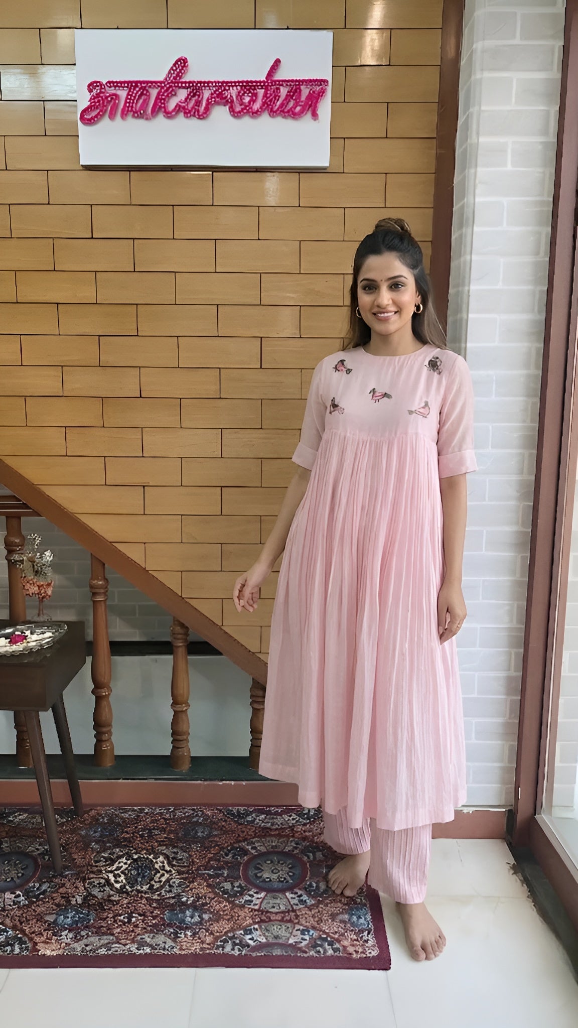 Pink Resham Embroidered Mal Cotton Anarkali Suit