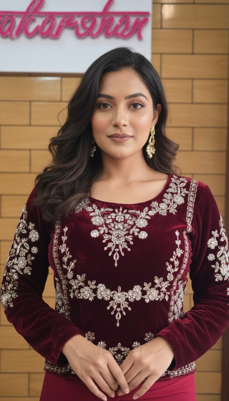 Maroon Velvet Blouse with Saree