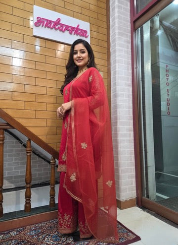 Satin Silk Zardozi Work Straight Kurta with Palazzo