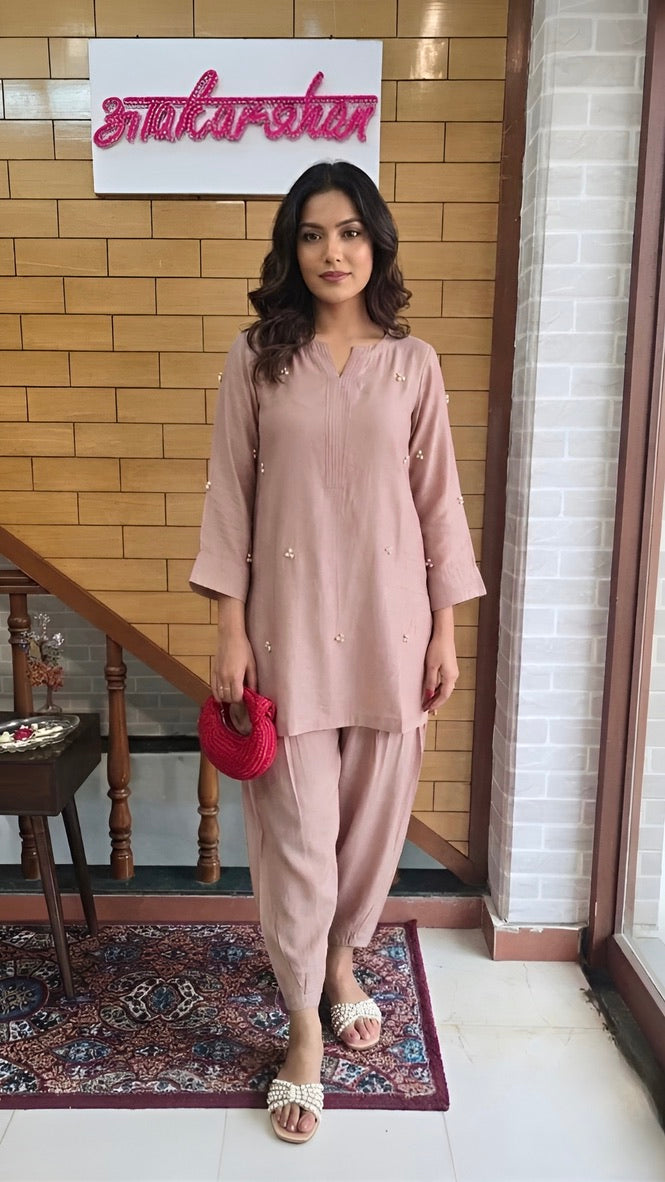 Mauve Pearl Embellished Modal Cotton Suit