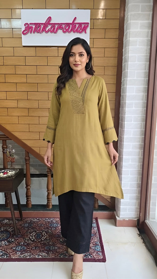 Mustard Resham Embroidered Modal Cotton Co-ord Set