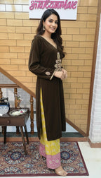 Khaki Brown Velvet Motif Embroidered Kurta