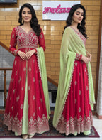 Embellished Georgette Anarkali Jacket & Banarasi Skirt Set