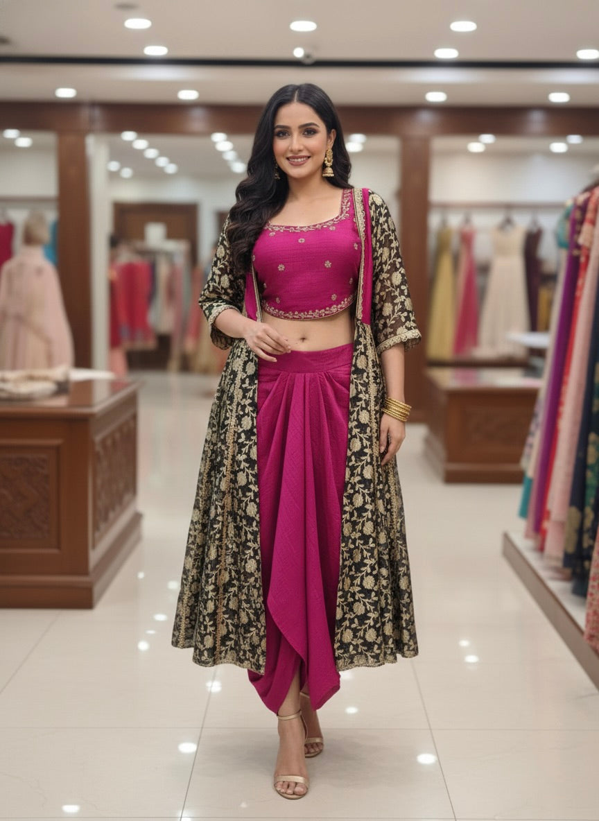 Fusion Crop Top Dhoti Set with Jacket