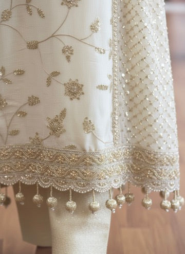 Heavily Embroidered A-Line white Kurta with Trousers Set