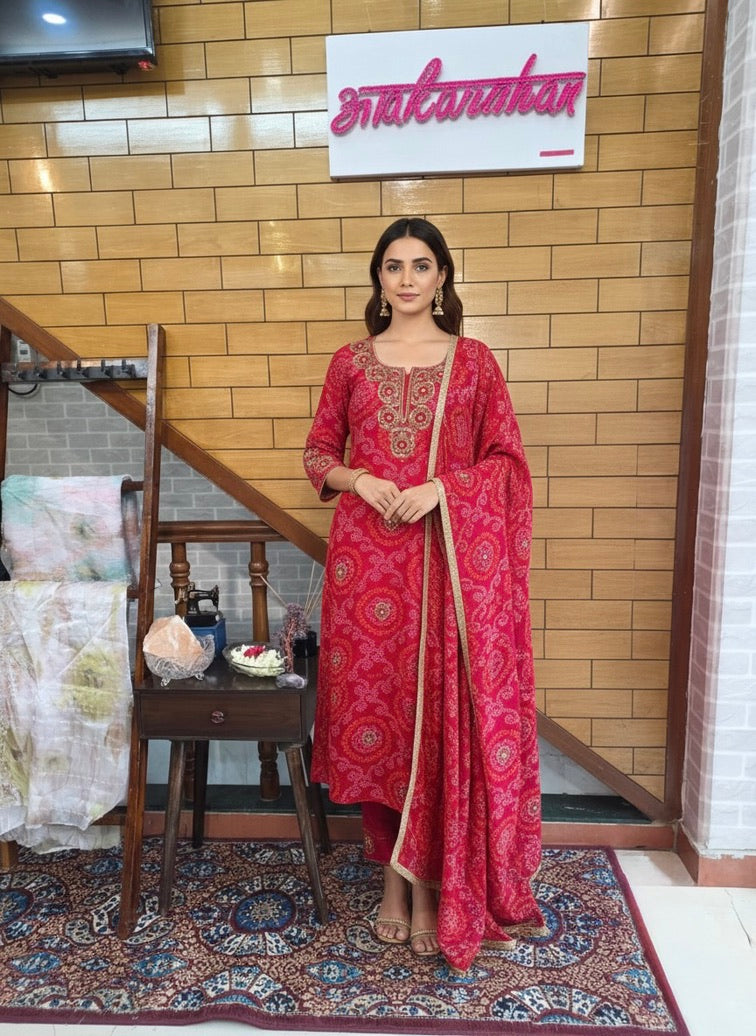 Bandhani Printed Straight Kurta with Sequence & Beads Work