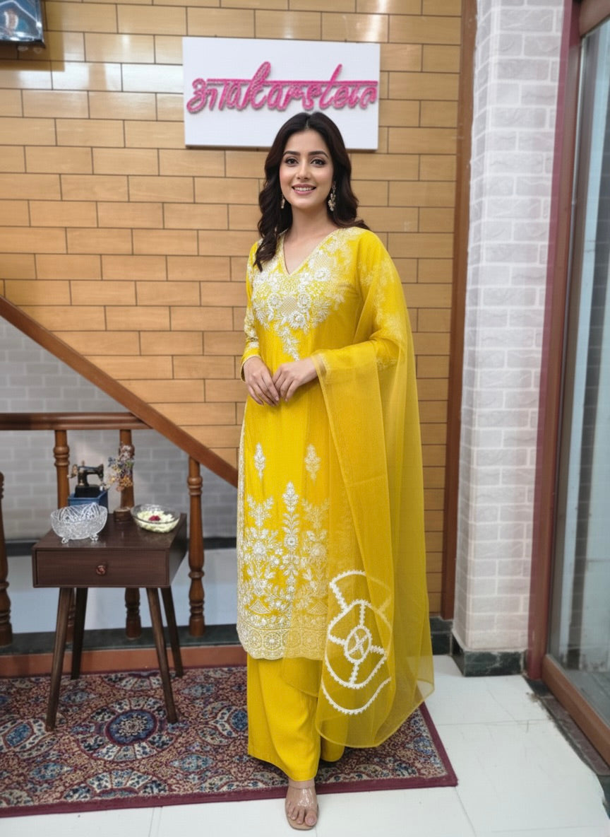 Yellow Embroidered Kurta Set with Dupatta