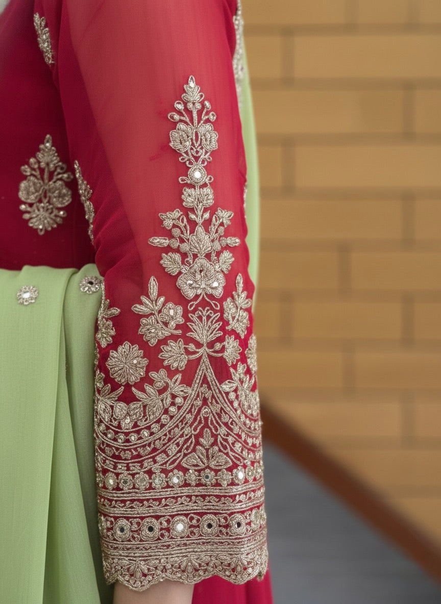 Embellished Georgette Anarkali Jacket & Banarasi Skirt Set