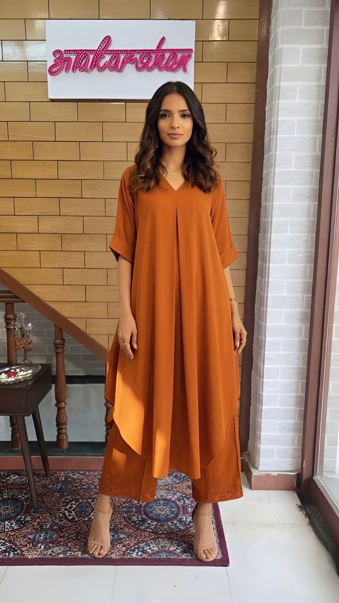 Rust Orange Resham Embroidered Modal Cotton Co-ord Set