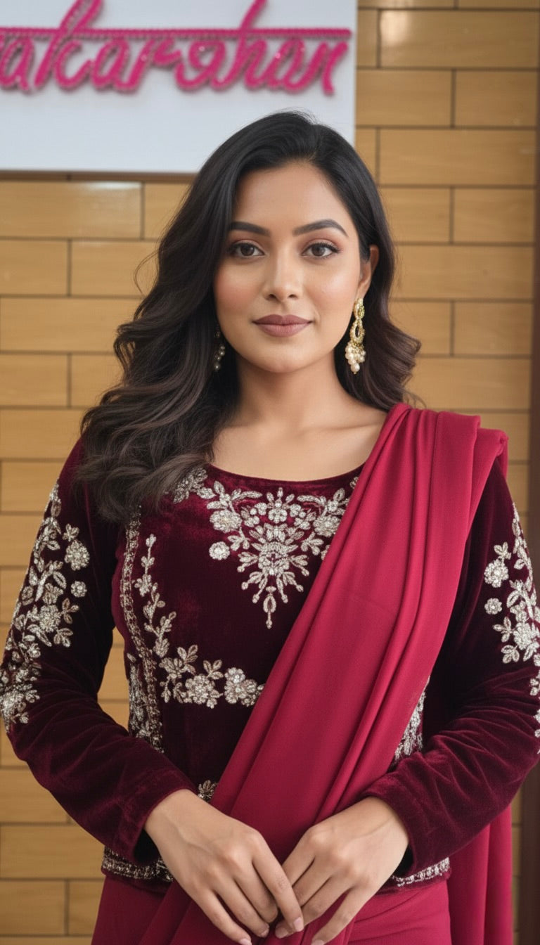 Maroon Velvet Blouse with Saree
