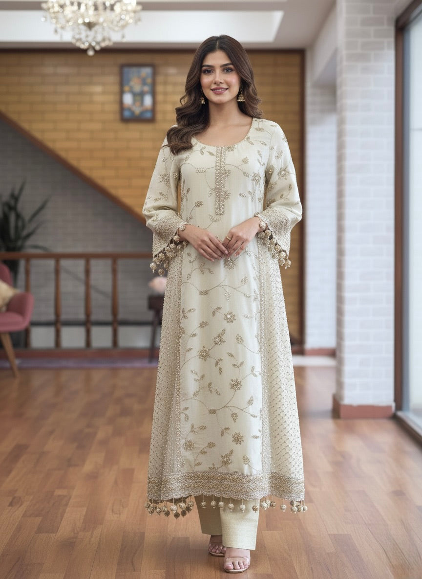 Heavily Embroidered A-Line white Kurta with Trousers Set