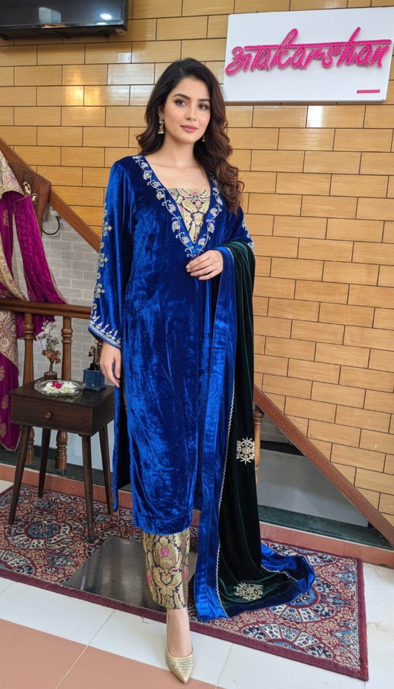 Royal Blue Velvet Suit with Dupatta