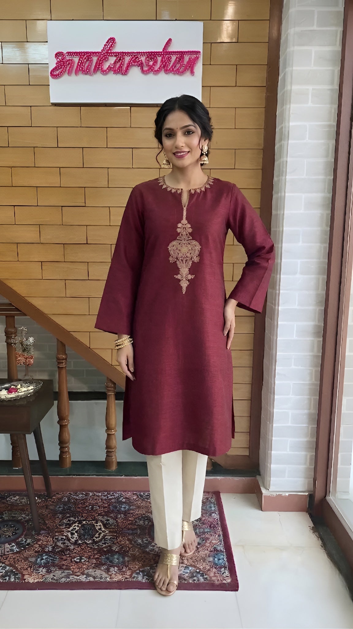 Maroon Zari Embroidered Cotton Suit