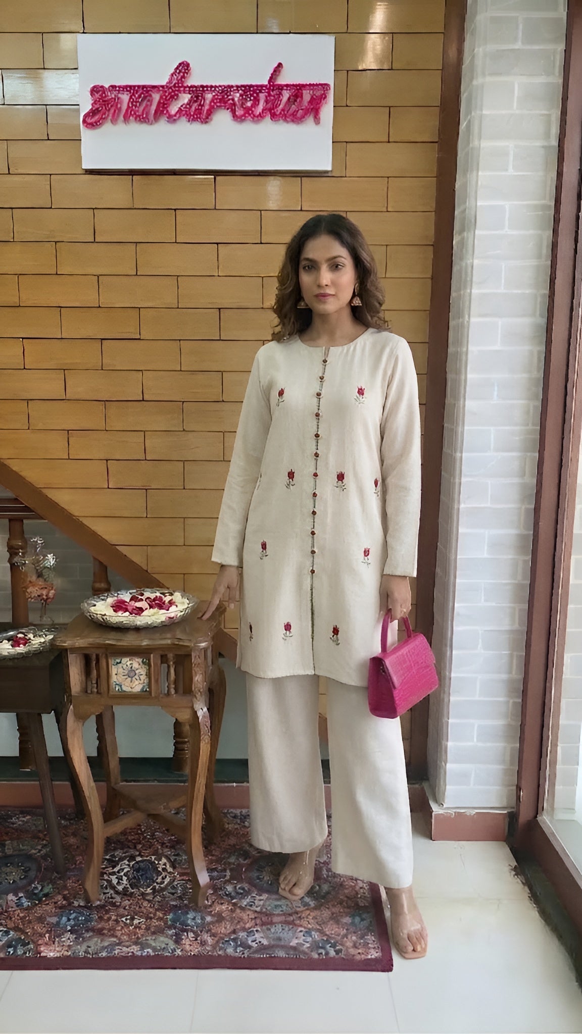 Beige Resham Embroidered Malmal Cotton Co-ord Set