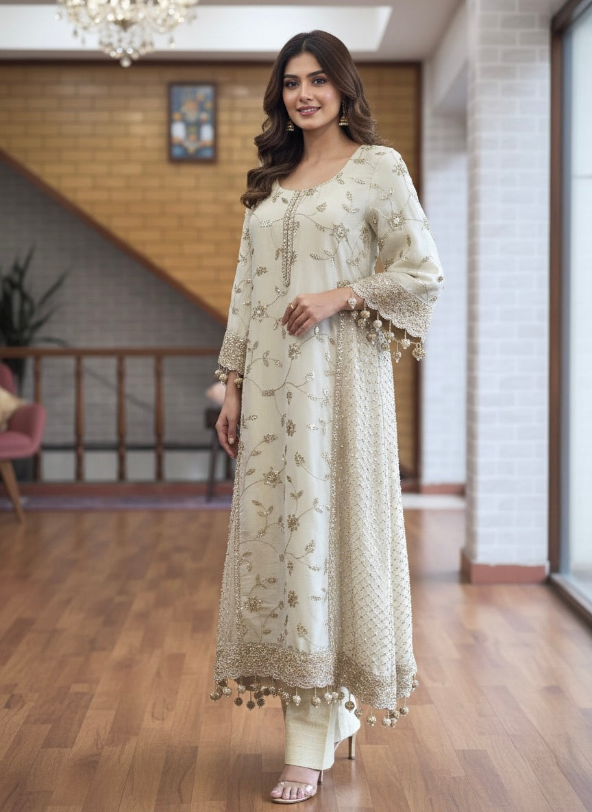 Heavily Embroidered A-Line white Kurta with Trousers Set