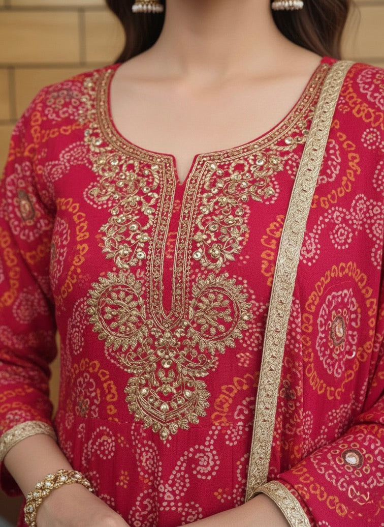 Bandhani Printed Straight Kurta with Sequence & Beads Work