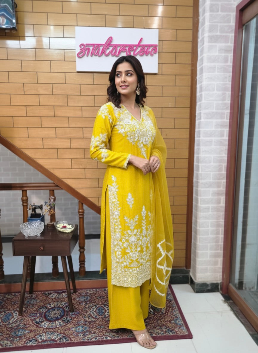 Yellow Embroidered Kurta Set with Dupatta