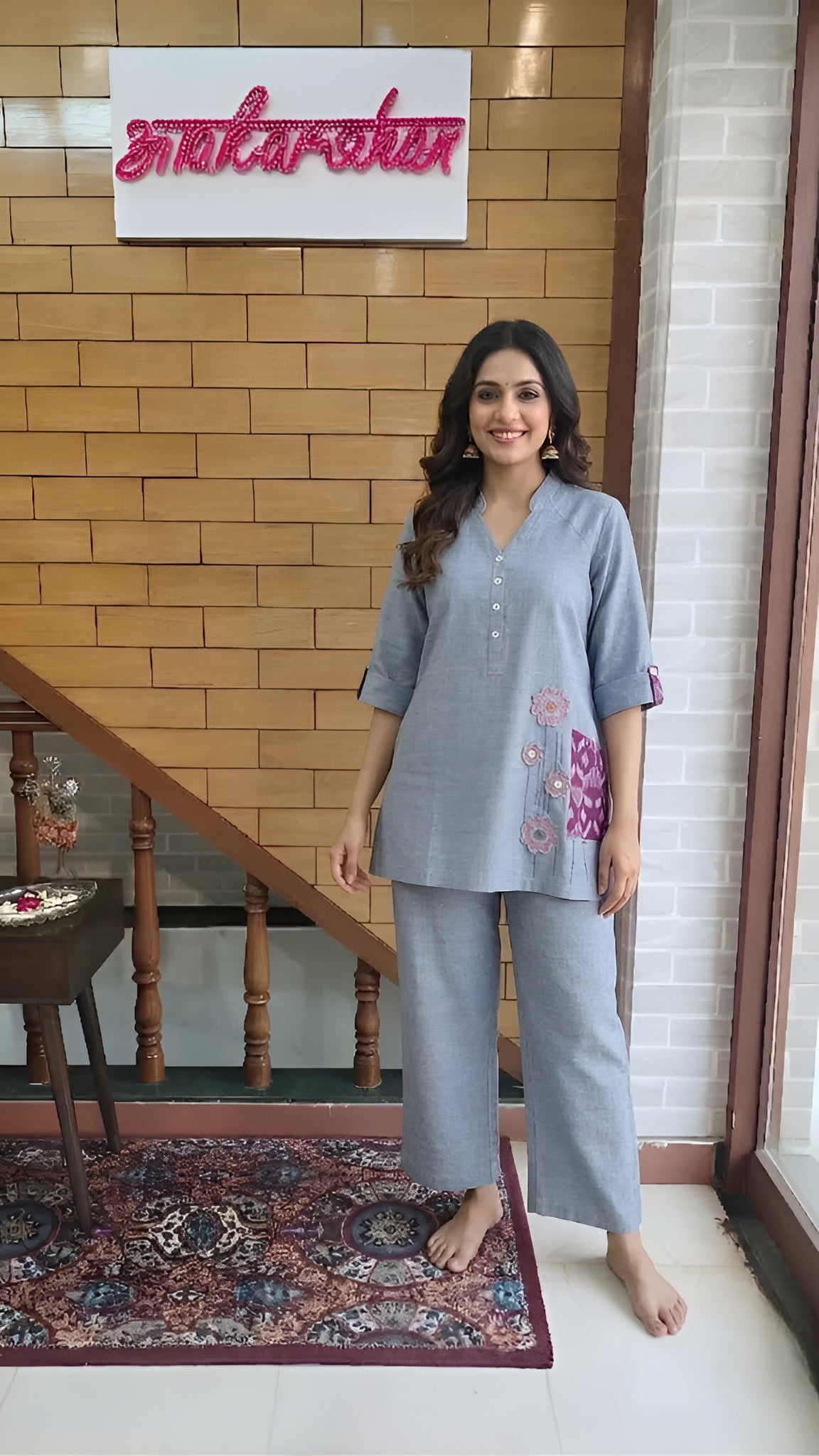 Grey Resham Embroidered Cotton Co-ord Set