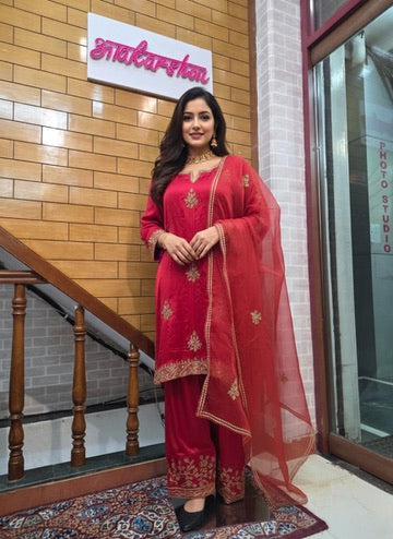 Satin Silk Zardozi Work Straight Kurta with Palazzo