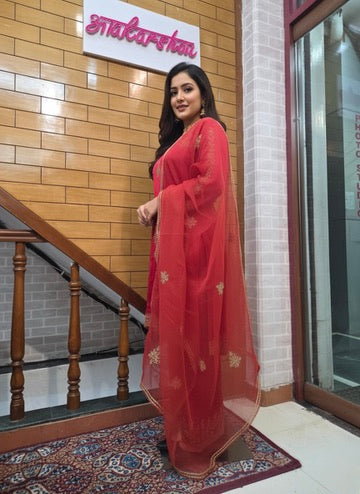 Satin Silk Zardozi Work Straight Kurta with Palazzo