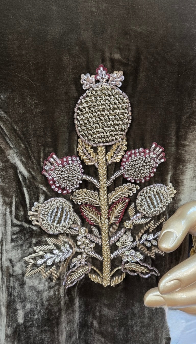 Khaki Brown Velvet Motif Embroidered Kurta