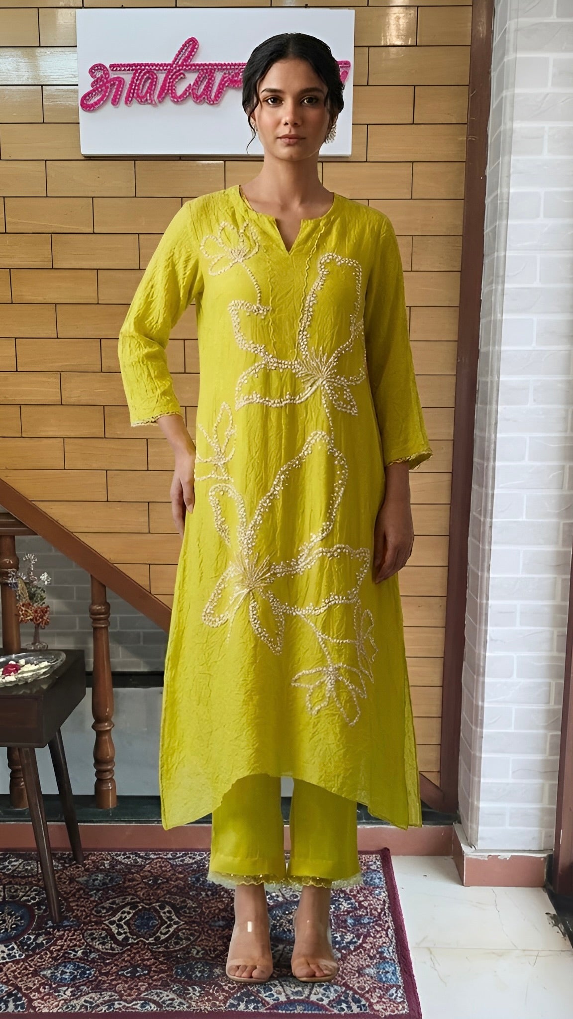 Lime Green Resham Embroidered Malmal Suit