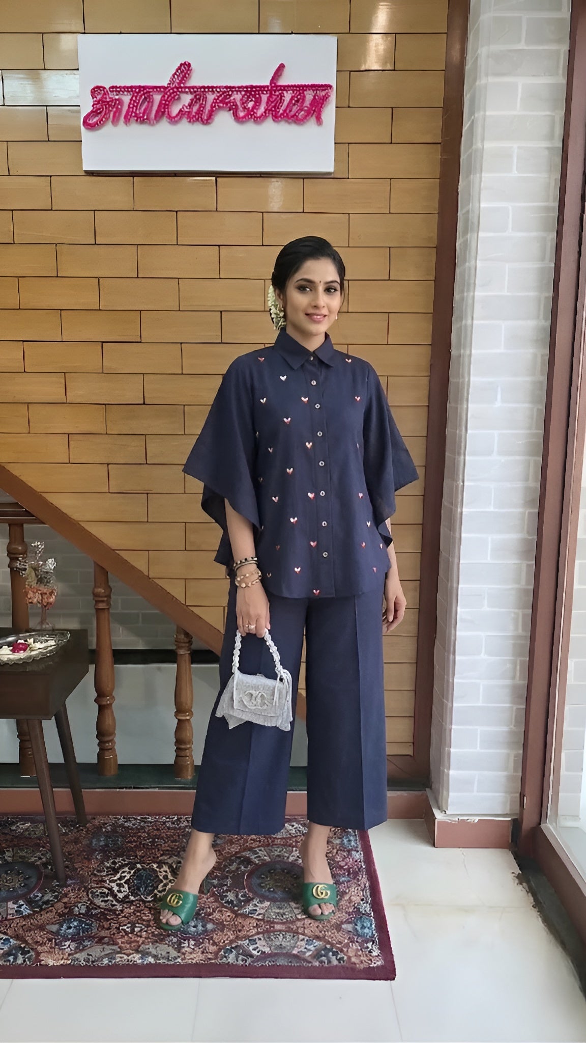 Navy Blue Resham Embroidered Cotton Co-ord Set