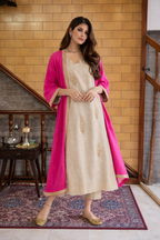 Regal Beige Silk Suit Paired with Hot Pink Embroidered Jacket