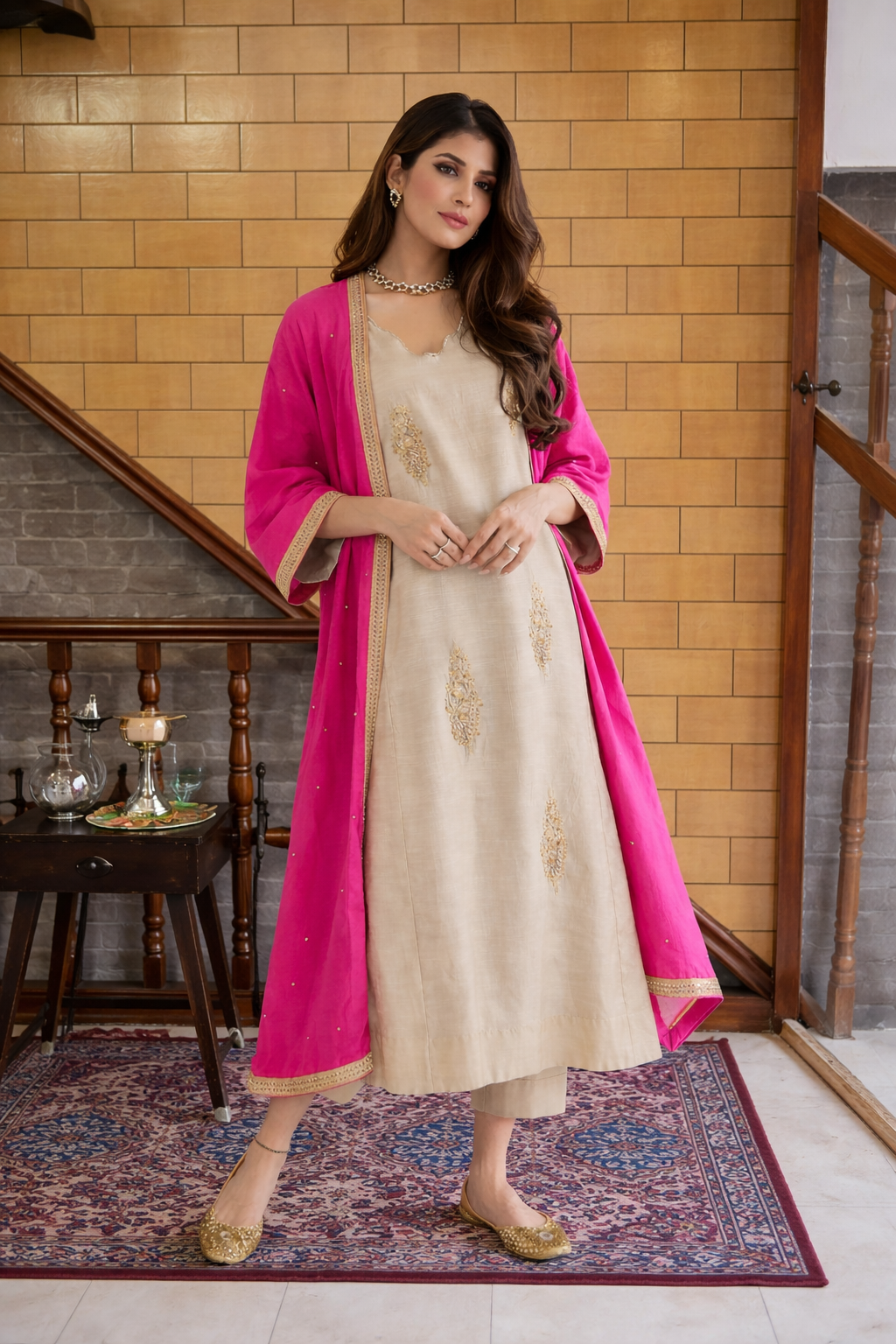 Regal Beige Silk Suit Paired with Hot Pink Embroidered Jacket