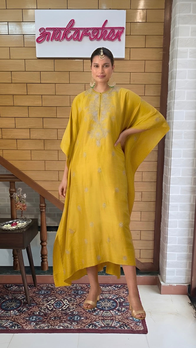 Yellow Hand Embroidered Silk Kaftan Dress