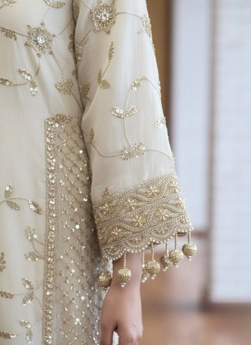 Heavily Embroidered A-Line white Kurta with Trousers Set