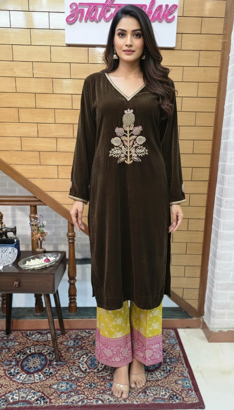 Khaki Brown Velvet Motif Embroidered Kurta