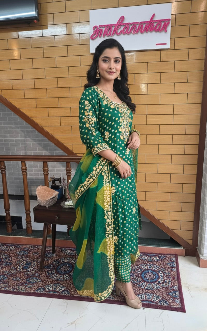 Bandhani Printed Kurta Set with Resham Zardozi Work