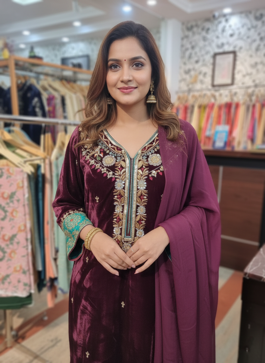 Silk Velvet Suit with Organza Dupatta and Zardozi Embroidery